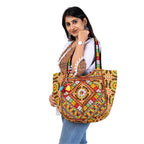 PREET GALLERY Handmade Cotton Patchwork Tote Bag, Multicolour, Double Handle|Women's Shoulder Bag, Pure Cotton Tote Bag, Handmade Patchwork Design (Saffron Solstice)