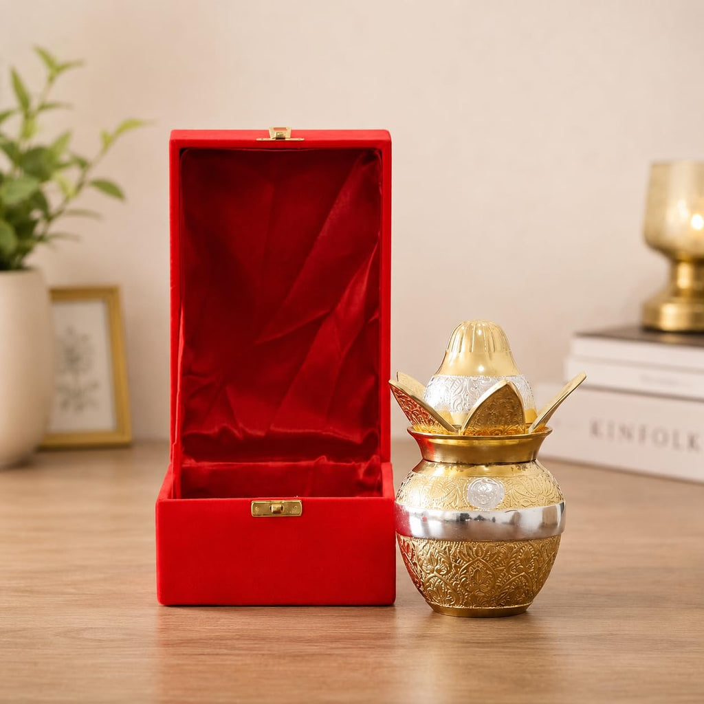 KridayKraft Gold-Silver Plated Pooja Kalash with Coconut, Leaves, and Royal Velvet Box Kalash Ideal Poojan Home, Temple, and Living Room Décor (Pack of 1)