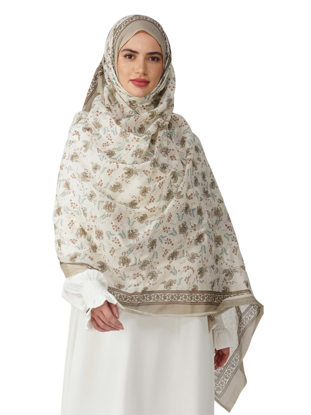 ANAApparels ANA Zara Beige Floral Dupatta | 90 x 44 Inches – Premium Mulmul Cotton | Lace Border | Lightweight, Soft & Breathable