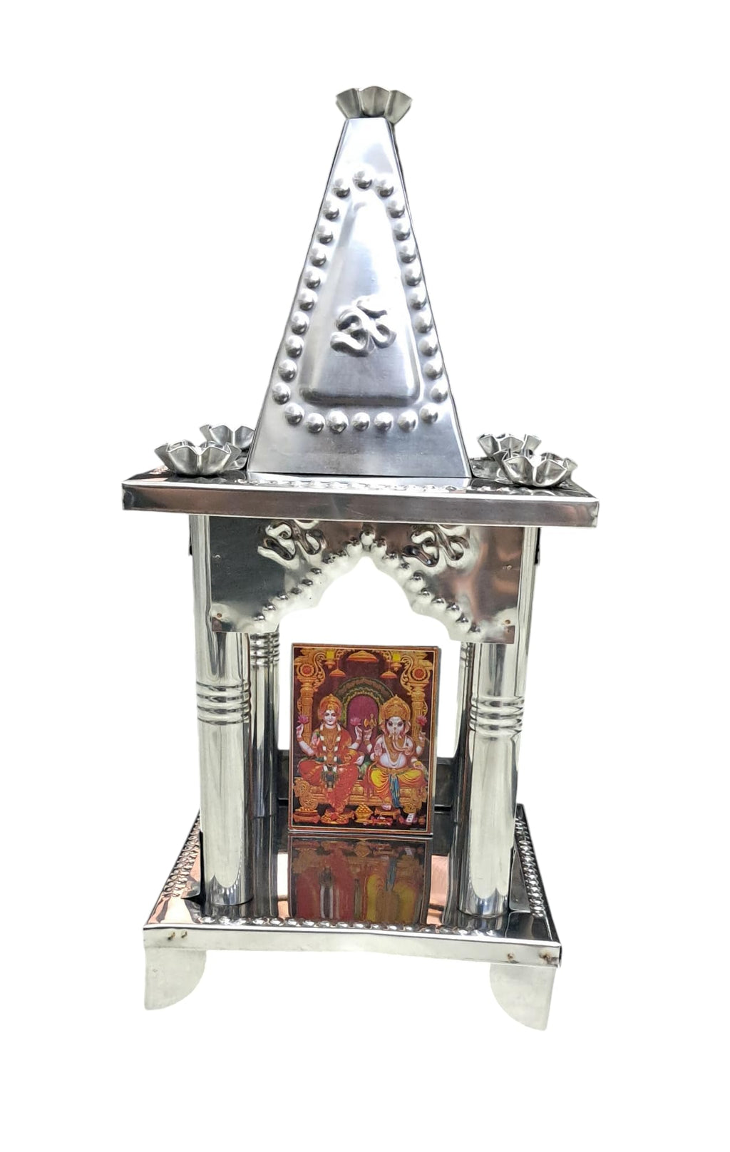 GUGGU Stainless Steel Diwali Pooja Hatri/Temple with Sitting Photo of Lord Ganesh ji and Luxmi MATA (Silver)..