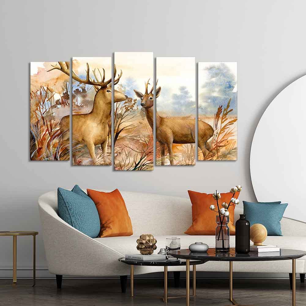 VIBECRAFTS Canvas Wall Painting Pair of Deer in the Forest Set of Five Pieces For Home|Office|Living Room|Gift (PTVC5Pcs2_6542)