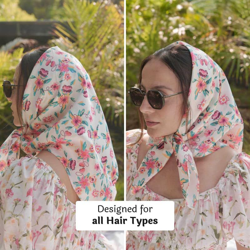 Hair Drama Co. Bloom Floral Print Bandana Head Scarf for Women | Silk Satin Head Wrap Bandana Scarves | Boho Style Statement Headband Stylish Design | All Day Wear Scarves | Hair Scarf Accessories