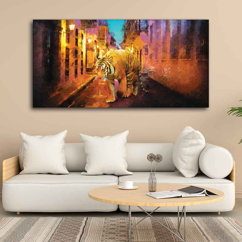 VIBECRAFTS A Tiger Walking in the Street Premium Canvas Wall Painting With Frame for Living Room Drawing Room Home|Office|Gift (PTVCH_2216)