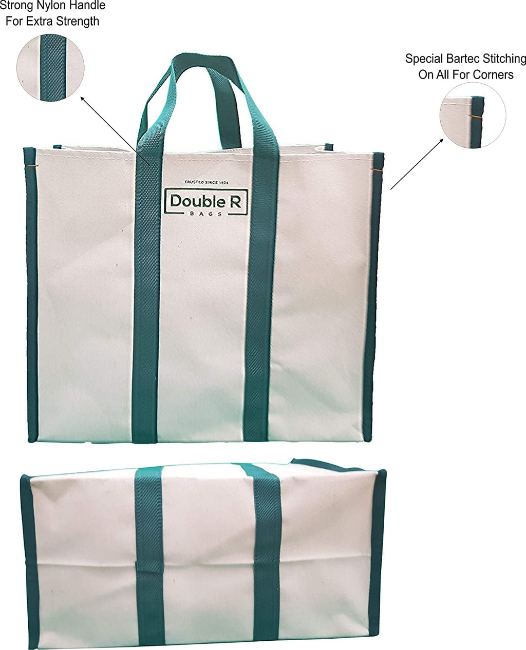 Double R Bags Women’s Eco-Friendly Cotton Canvas Shopper Tote Bag | Big Reusable Jhola Bag for Grocery, Milk, Fruits, Vegetables with Reinforced Handles | 43x21x35 cm, 1 Compartment (Green, Pack of 2)