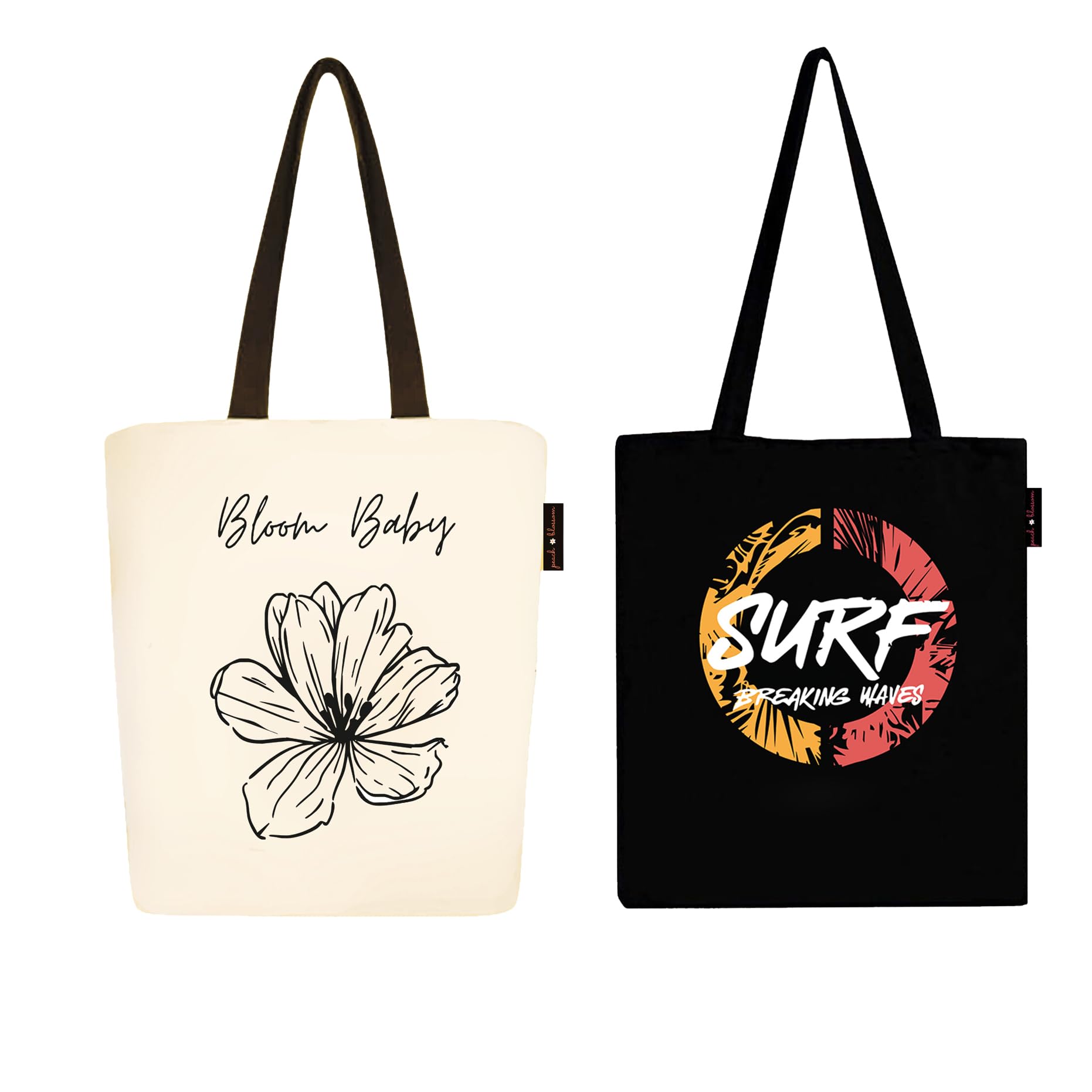Peach Blossom Tote Bags with Zip,100% Cotton Shopping/Grocery Bag, Multi-Purpose Bag 5kgs Capacity, 2 Pack (Cbag_ZIP_WhiteBlombaby_Blacksurf)