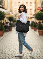 BAGILO Korean Style Heart Embroidery Tote Bag - Cute Shoulder Bag, Student Book Bag, Durable Ladies Handbag, Shopper Bag (Black)