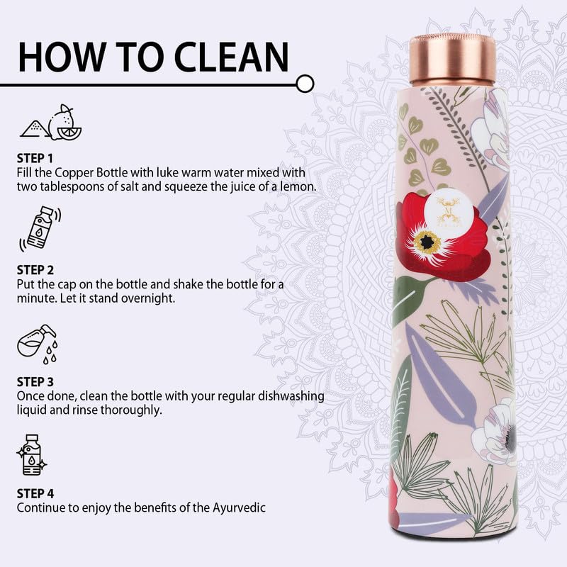 MERCAPE® Pure Copper Water Bottle 900 ml with Leak Proof Lid | Multi Color Floral Printed Designer Tamba Bottle for Home, Office, Gym & Travel | BPA Free Reusable Water Bottle for Daily Use