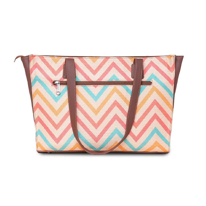 ZOUK WavBeach Wave Printed Jute Handcrafted Vegan Leather Women's Multicolor Structured Tote Bag Contemporary