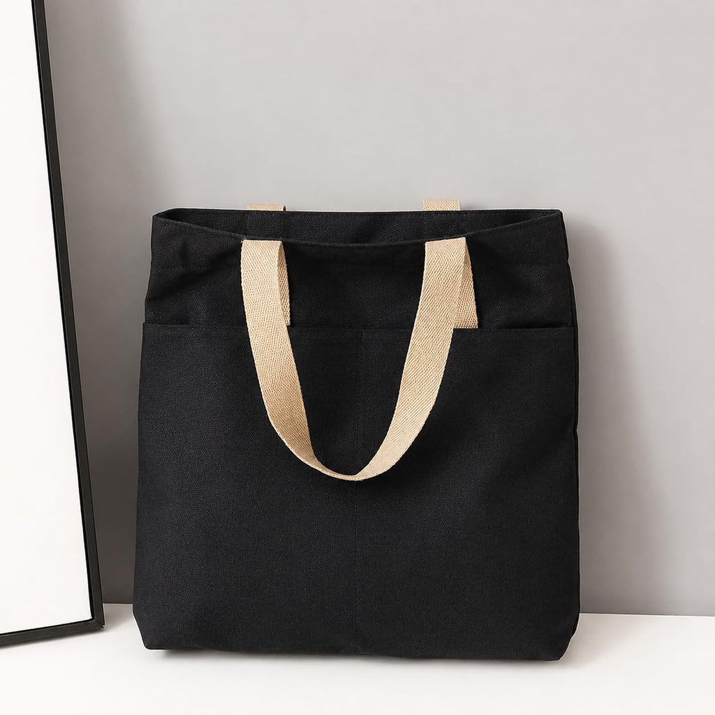 HOMELYA Cotton Tote Bag for Women | College & Office Shoulder Bag | Fits 14 Laptop | Inner & Outer Pockets | Ladies Utility Bag for Shopping, Travel & Daily Use