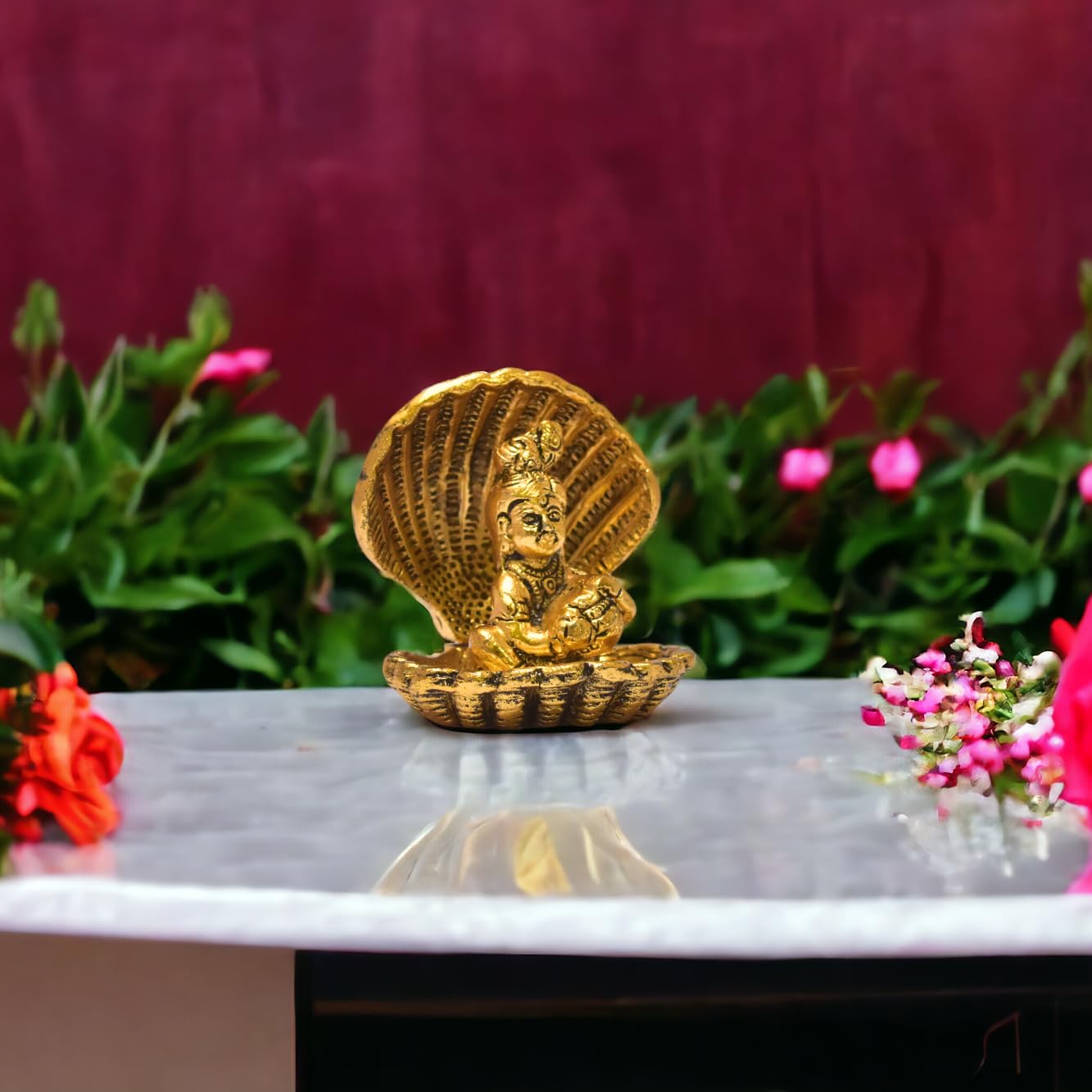 KridayKraft Shri Krishna Sitting Under Seep Laddu Gopal with seep Base Metal Statue Showpiece Figurines,Religious Idol Gift Article.