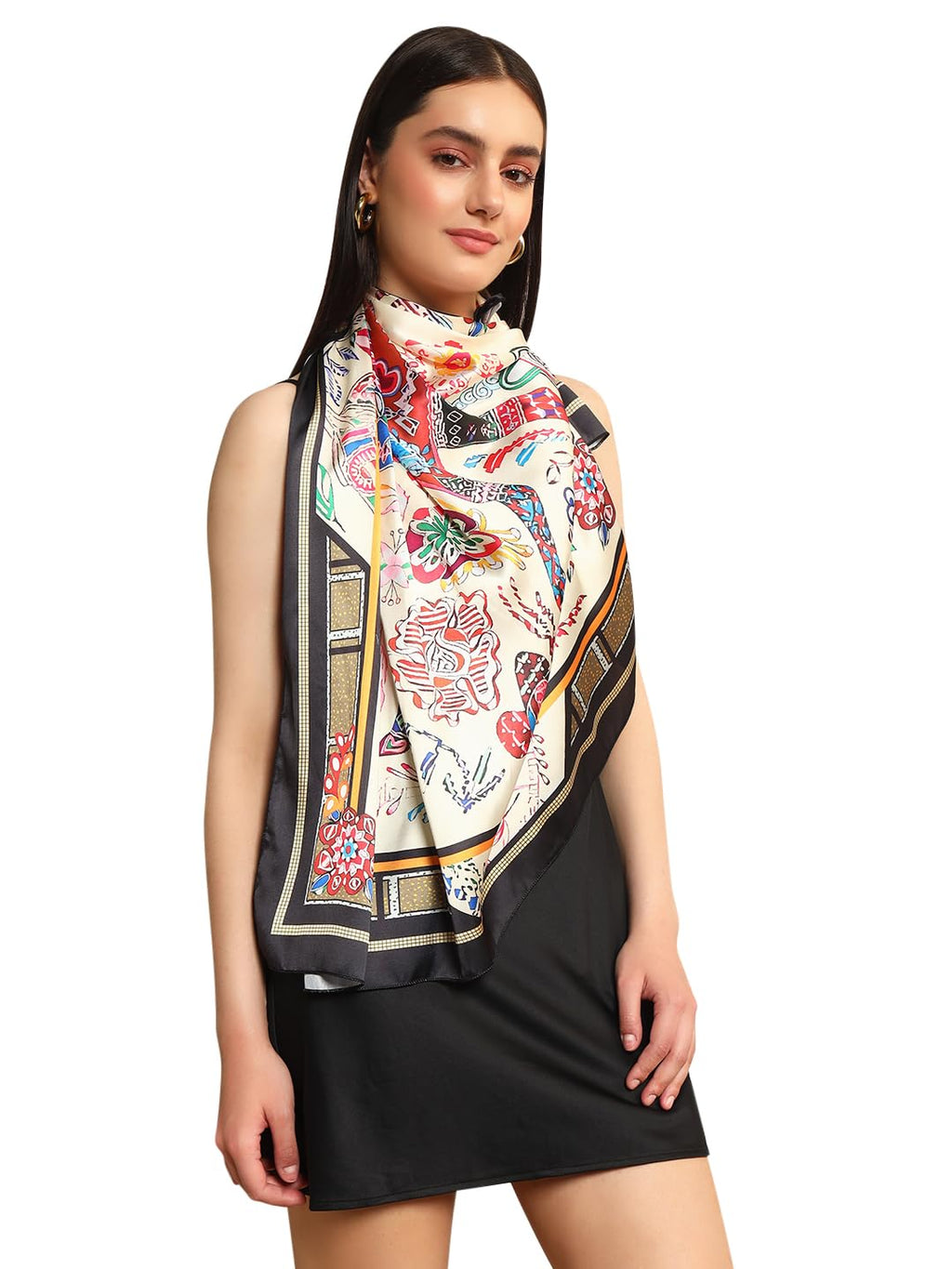 Ravaiyaa - Attitude is everything Women's Crepe Silk Digital Print Large Square Scarf Breathable Lightweight Neckerchief Printed Headscarf 40 x 40 Inch (Beige & Black Horse)