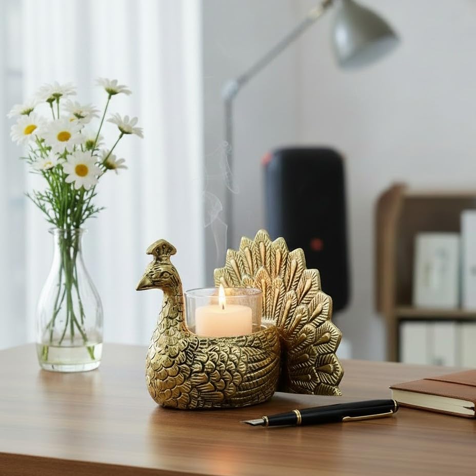 KridayKraft Designed with a Versatile Central Cavity, This Peacock Serves as a Stunning tealight Candle Holder, a mini Indoor Planter, a Unique Pen Stand,(Peacock Small Golden)