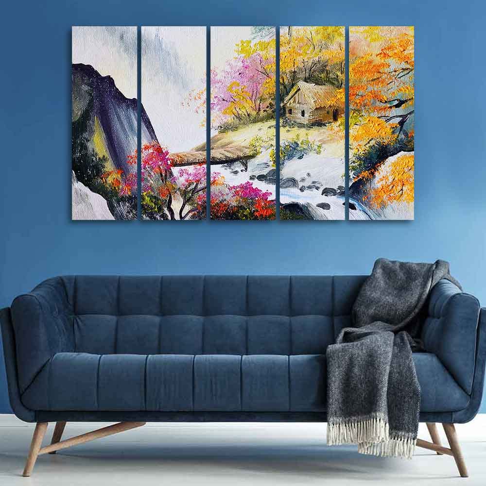 VIBECRAFTS Hut at Bank of River Five Pieces Wall Painting For Home|Office|Living Room|Gift (PTVC5Pcs4_8591)