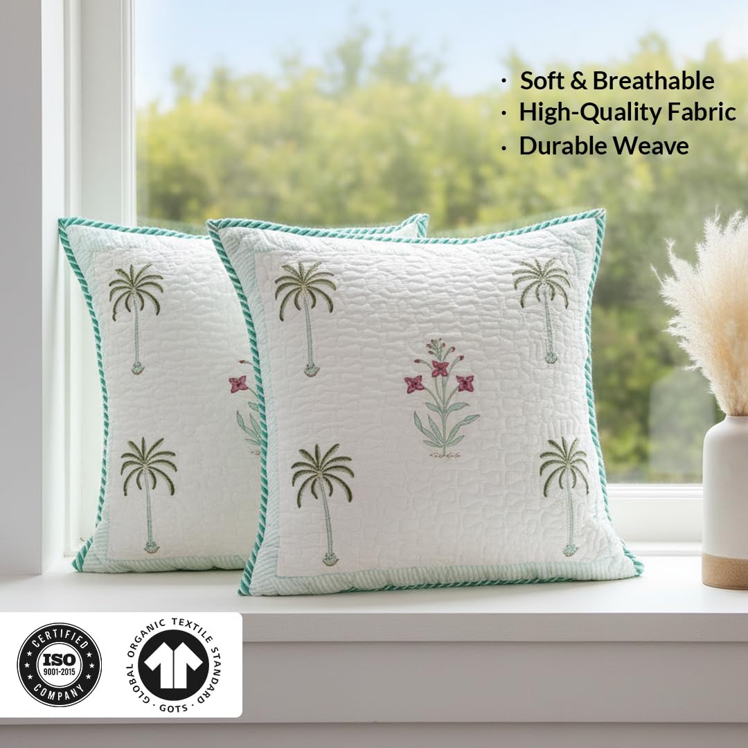 HOMEMONDE Pack of 5 Cushion Covers 24x24 Inches – Floral Hand Block Print, Quilted Cotton 300 TC, Soft Throw Pillow Cases for Sofa & Bed – Green (60x60 cm)
