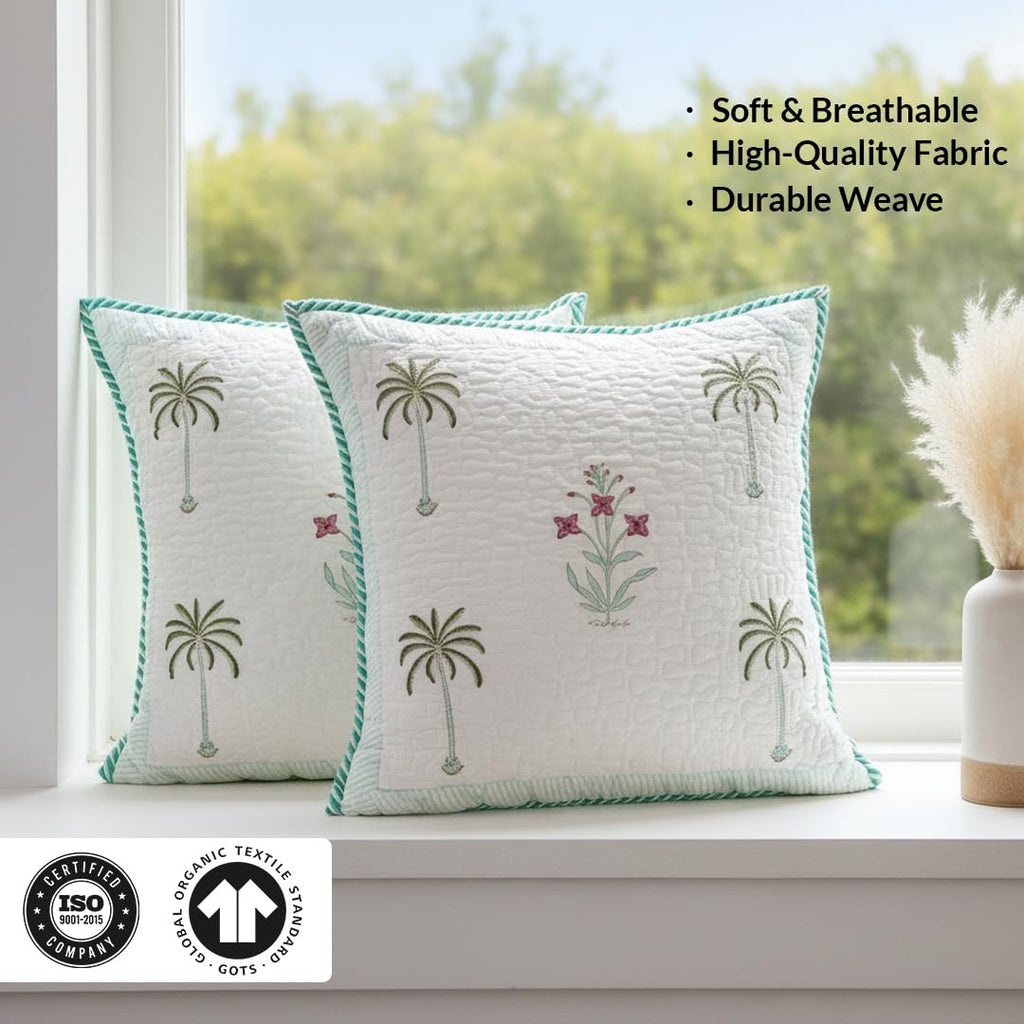 HOMEMONDE Premium Cotton Cushion Covers Set Of 2 - Soft Floral Hand Block Print Living Room 24 X 24 Inch Pillow Cases, Green, 300 TC