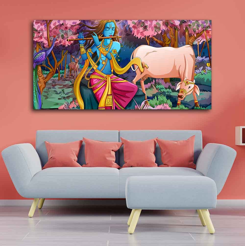 VIBECRAFTS Canvas Paintings for Living Room Drawing Room Krishna Playing Flute Pink Trees in Background Canvas Wall Painting Fitted with Wooden Frame for Home|Office|Gift(PTVCH_2273)