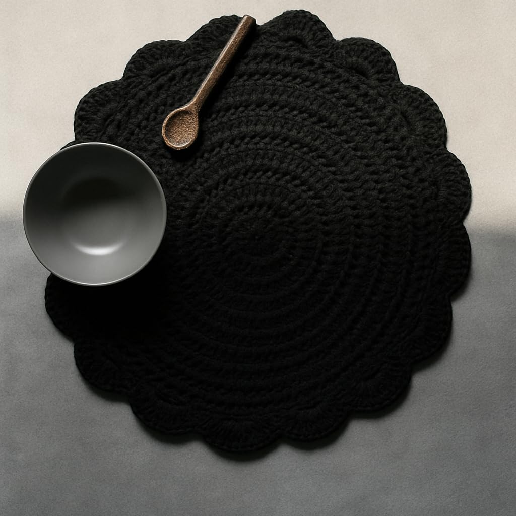 LAHOME Handmade Round Crochet Placemat, Dining Table Mat Placemat (Round 38 Cm, Tan) (1, Black) Kafalo