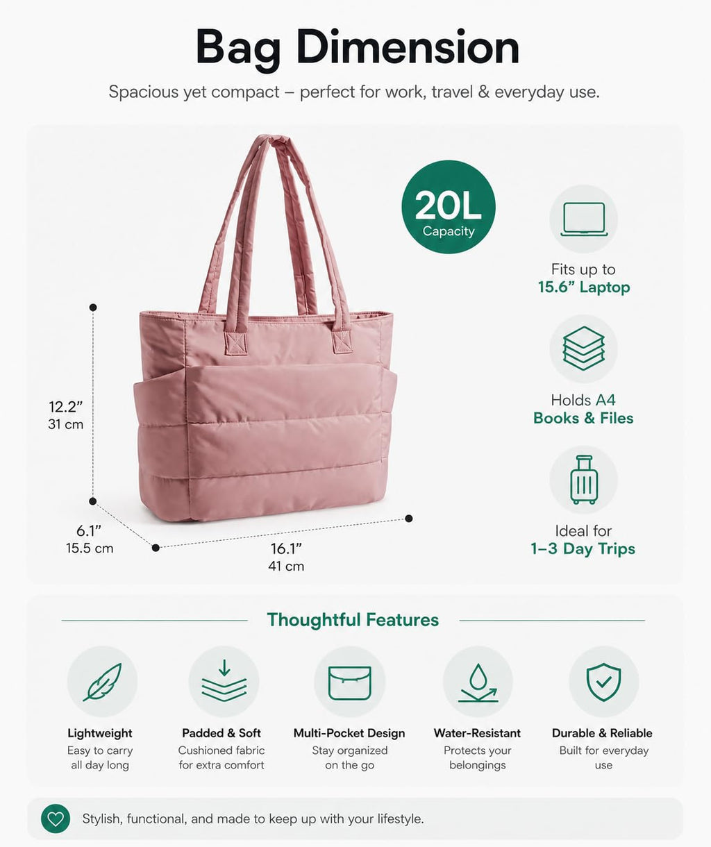 Tressential Puffer Tote Bag for Women, Lightweight, 20L Capacity with 15.6 inch Laptop Compartment, Side Pockets, Office, College and Travel (Pink)