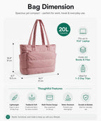 Tressential Puffer Tote Bag for Women, Lightweight, 20L Capacity with 15.6 inch Laptop Compartment, Side Pockets, Office, College and Travel (Pink)