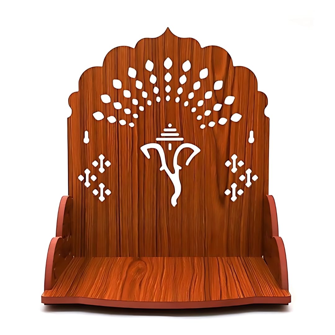 LET'S DIY Wooden Handcrafted Temple with OM Carving | Pooja Mandir with Storage Shelf & Set Top Box Stand for Home and Office (Pack of 1)