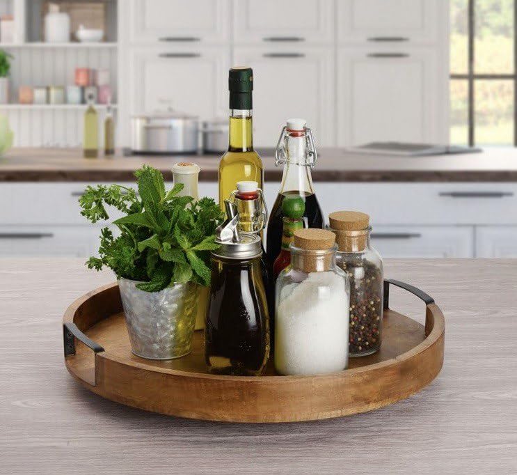 Craft Expertise Round Wooden Serving Tray – 11 Rustic Brown Mango Wood Tray with Handles, Decorative Farmhouse Coffee Table Tray,Kitchen, Breakfast, and Centerpiece Display