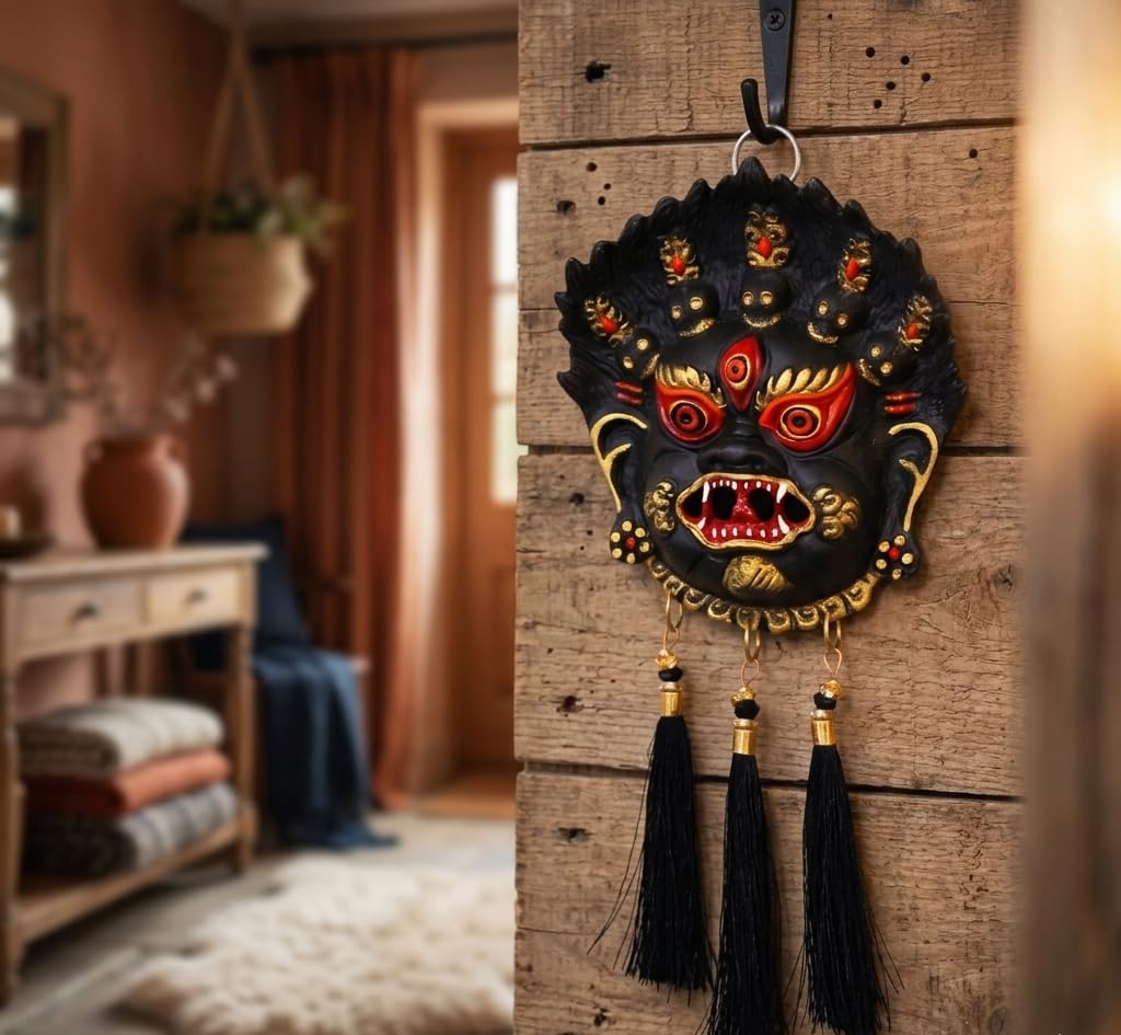 KridayKraft Mahakala Evil Eye Nazar Battu Wall Hanging – Home Entrance & Vastu Protection – Spiritual Door Hanging with Tassels (11 x 25 cm)