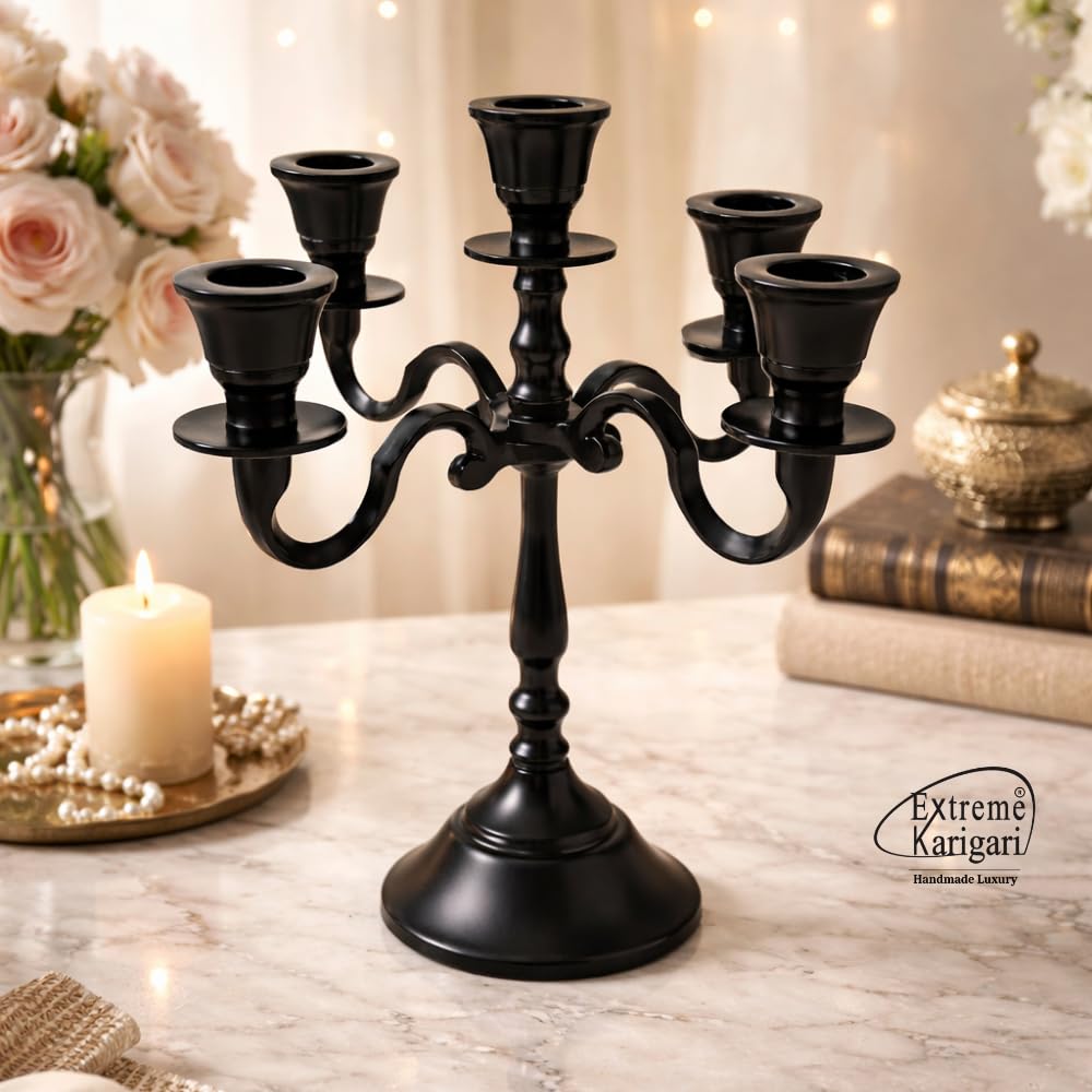 Extreme Karigari Aluminum 5-Arm 8inch Black Matt Candelabra for Dining Table | Vintage Candle Stand for Romantic Dinner, Home & Wedding Decor