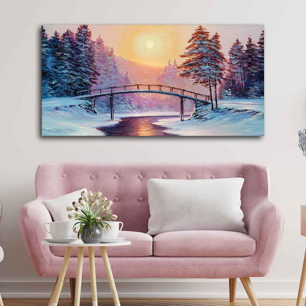 VIBECRAFTS Canvas Paintings for Living Room Drawing Room Premium Wall Painting of Winter Landscape with the River Fitted with Wooden Frame for Home|Office|Gift(PTVCH_2262)(48 x 24 Inches)