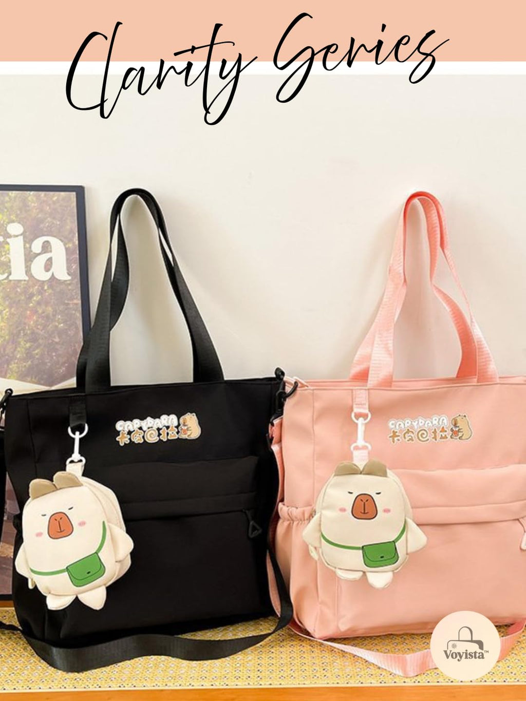 Clarity Series Capybara Tote Bag - Large Kawaii Shoulder Bag for Women, Multi-Pocket Aesthetic Handbag with Cute Plush Charm & Side Pockets- Ideal for Picnic, Travel, and College. (Hopeful Pink)