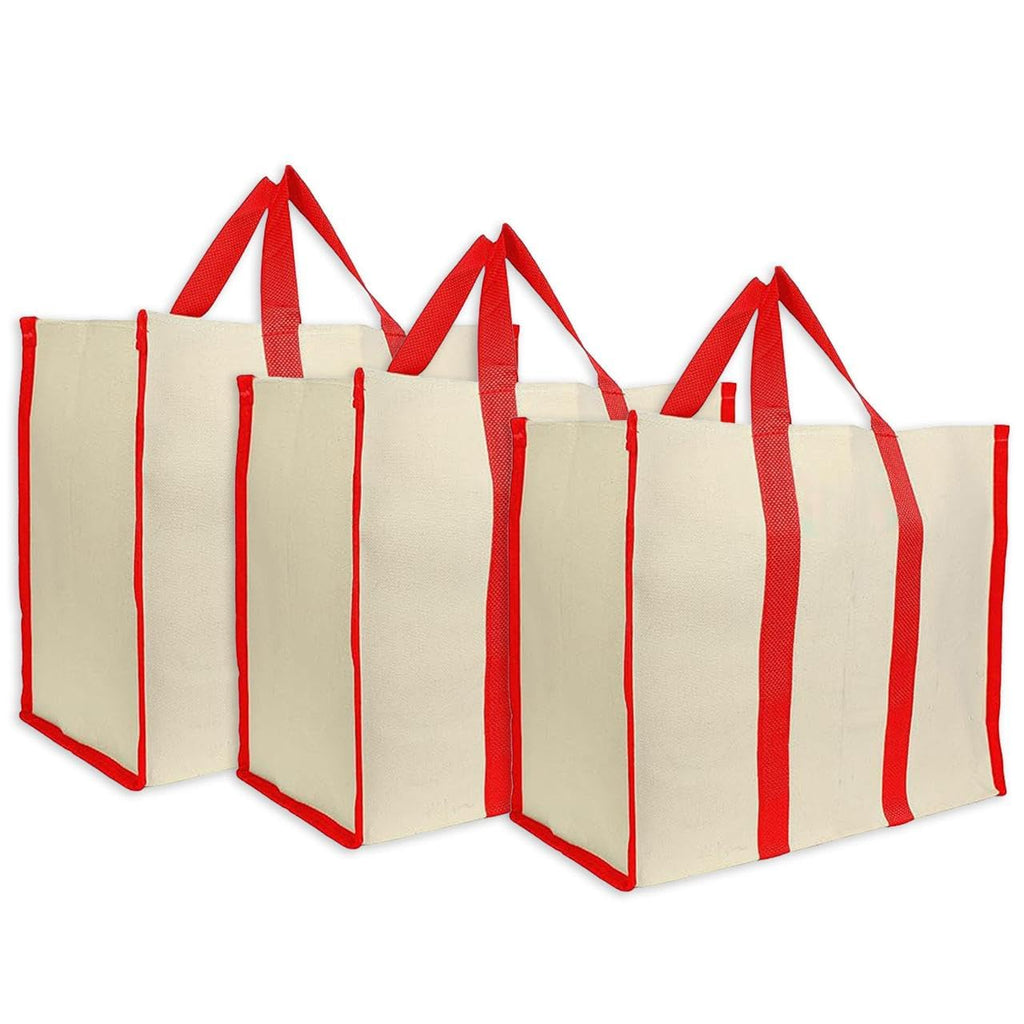 Metsi Big Eco Cotton Canvas Shopping Bag | Large Laminated Reusable Grocery Tote with Reinforced Handles | Heavy Duty, Foldable, Washable, Jhola Bag for Milk, Fruits & Vegetables, Red - Pack of 3