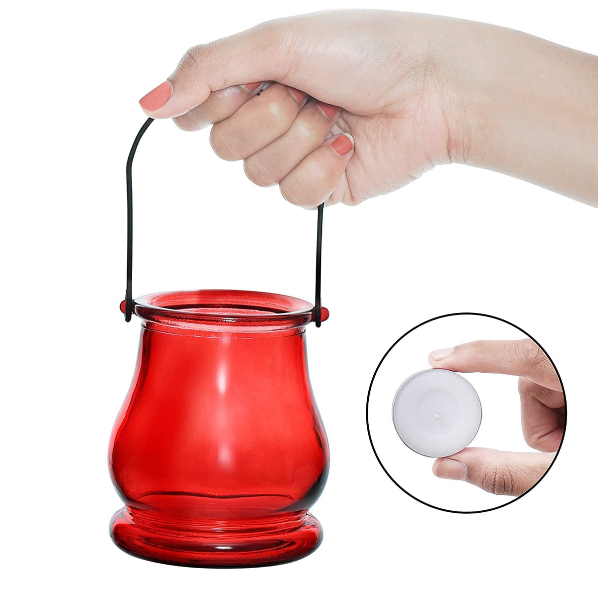 Sri Sai Tradelink Hanging Tea Light Candle Holders - 4 Pcs Holders with Candles-Multicolored Glass Votive Lanterns with Handles for Home Decoration, Dining, Indoor & Outdoor Parties