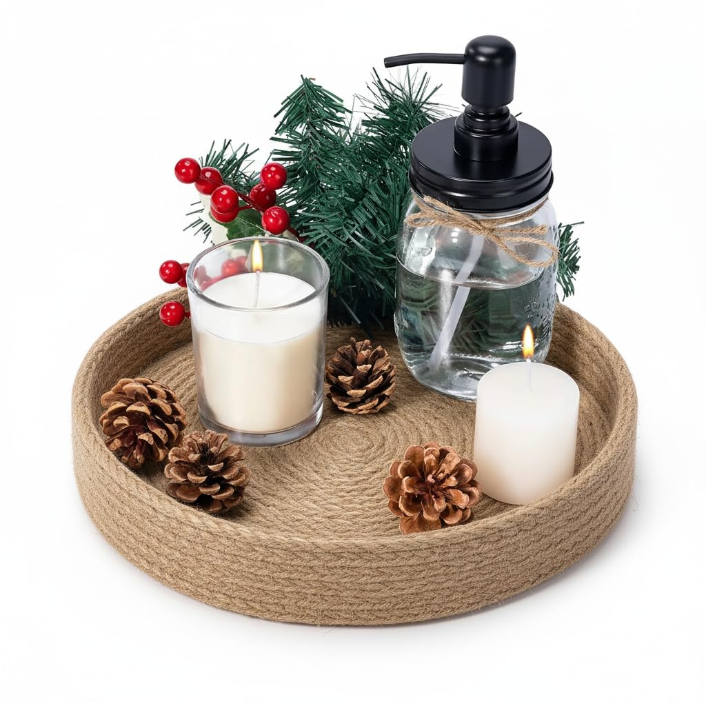 BOBBINY Decorative Round Rope Tray for Decor - Rope Tray for Kitchen Dining Room Table - The Perfect Small Candle Serving Tray for Coffee Table and Home Decor (Brown, 10x10 Inch (Pack of 1))