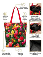 MINTHILL Canvas premium Tote Bag for Women with Zipper & liner, innerpocket Reusable Shoulder Bag for Shopping, Work, Travel, Daily Carry, Lightweight, Easy Care (Tulip Garden)