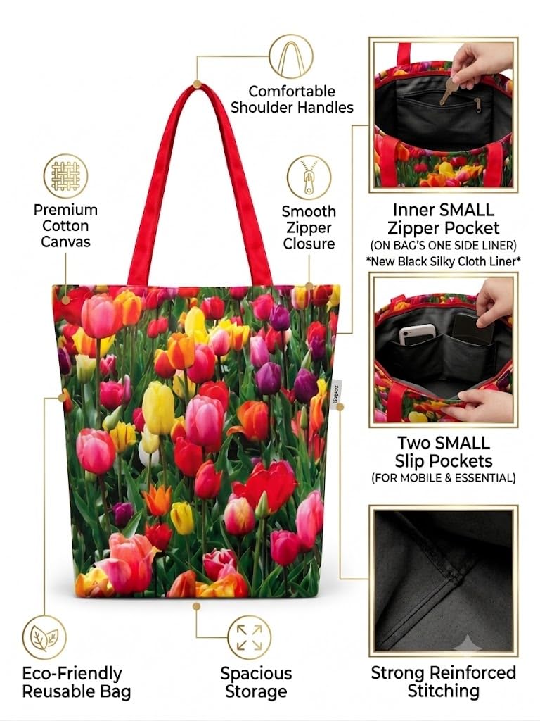 MINTHILL Canvas premium Tote Bag for Women with Zipper & liner, innerpocket Reusable Shoulder Bag for Shopping, Work, Travel, Daily Carry, Lightweight, Easy Care (Tulip Garden)