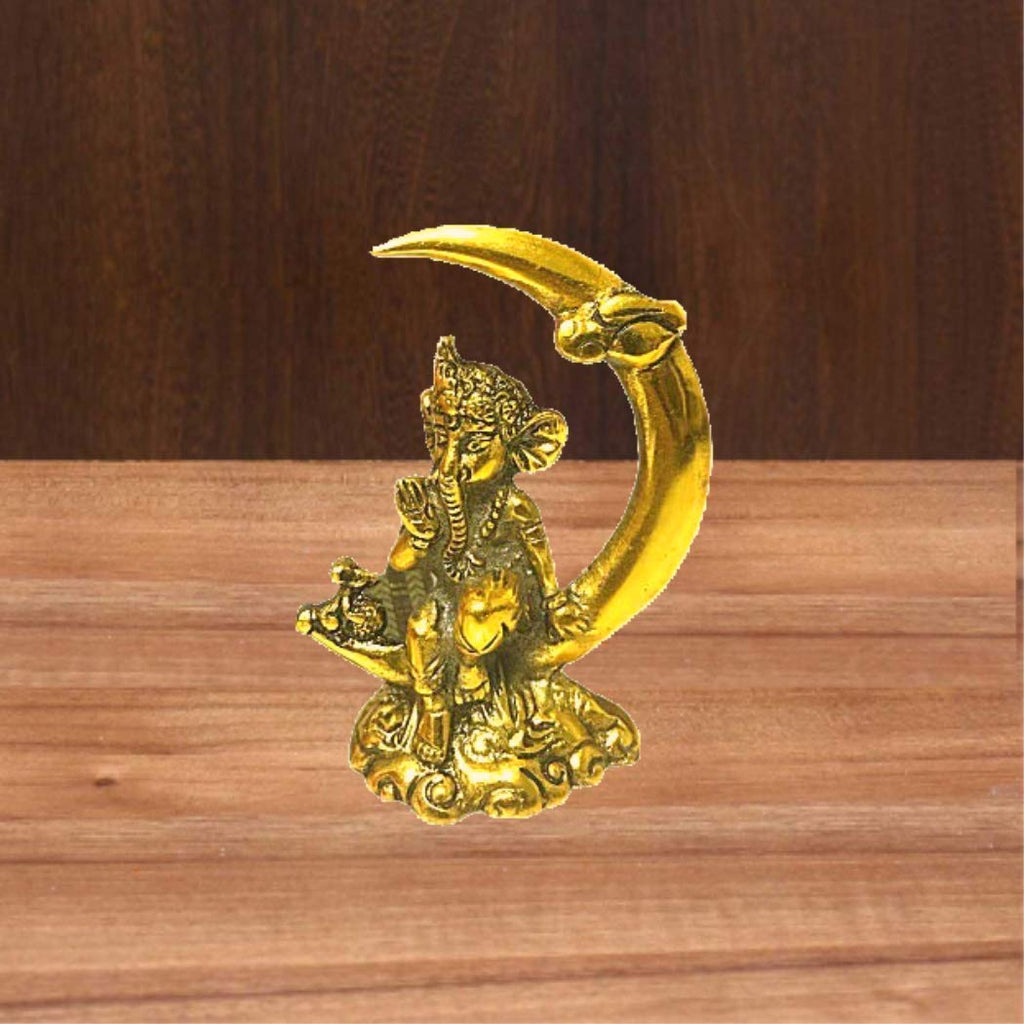 KridayKraft Lord Ganesha Sitting on Moon-Shaped Motif – Handcrafted Metal Ganpati Idol for Home Temple, Office Desk, Spiritual Décor & Auspicious Gifting on Festivals