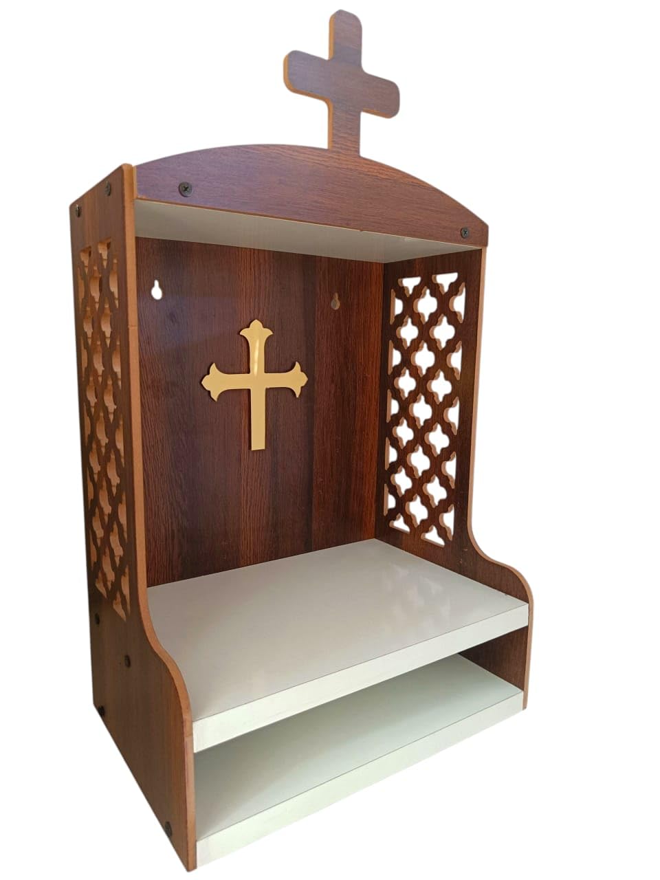 Beautiful Christian Golden Cross Temple, Home Temple, Decorative Wooden Jali Cross Temple, Home and Office Wall Mount Temple, Brown and White
