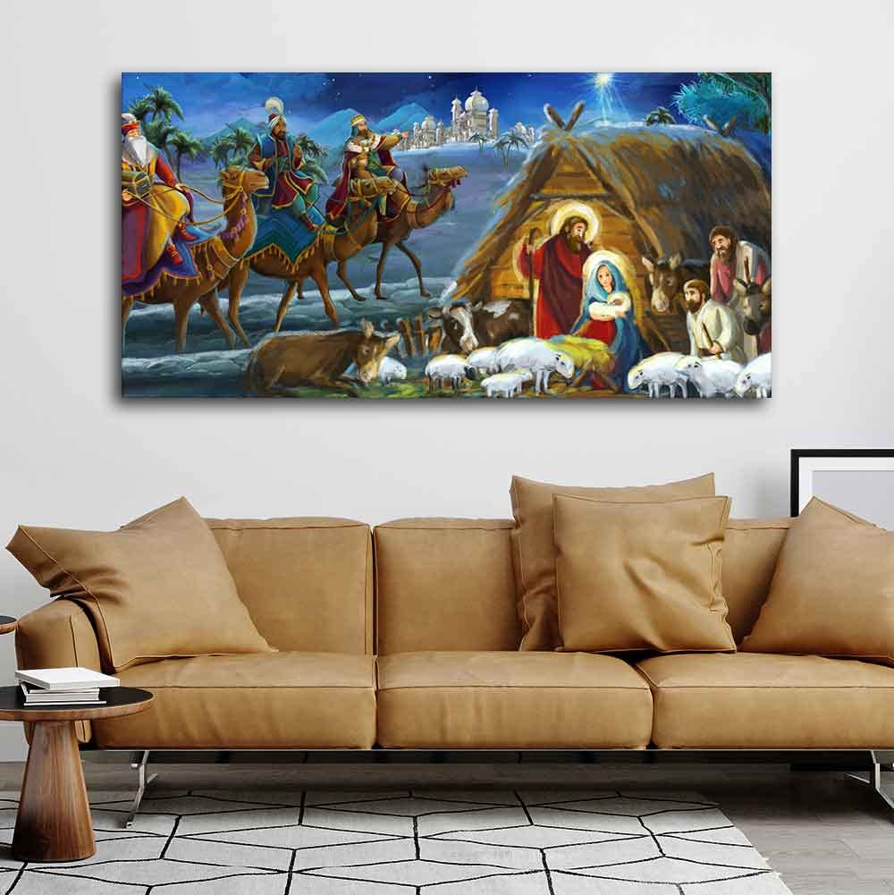 VIBECRAFTS Canvas Paintings for Living Room Drawing Room Three king And Holy Family Canvas Wall Painting Fitted With Wooden Frame for Home | Office | Gift (PTVCH_2448)
