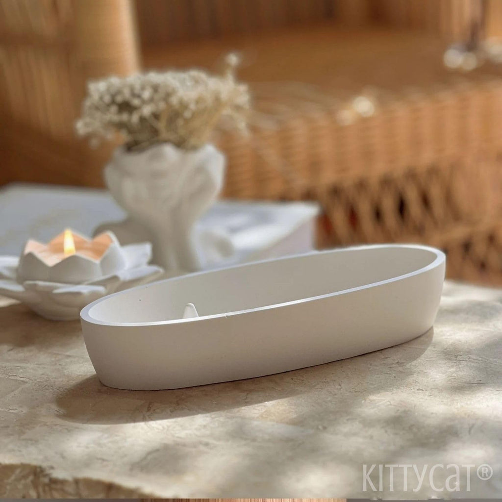 Kitty Cat® Concrete Jewelry Tray Trinket Dish – White Decorative Oval Tray, Perfume & Key Organizer, Modern Vanity Storage for Jewelry, Aesthetic Candle Holder, Home Decor (Boat)