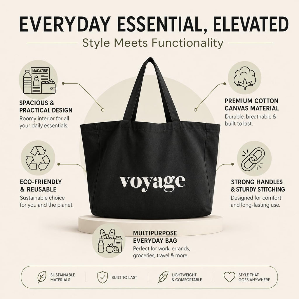 HOMELYA Large Cotton Canvas Zippered Tote Bag for Women | Reusable Eco-Friendly Shoulder Carry Bag | Spacious Shopping, Office & College Handbag (Voyage Black)