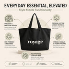 HOMELYA Large Cotton Canvas Zippered Tote Bag for Women | Reusable Eco-Friendly Shoulder Carry Bag | Spacious Shopping, Office & College Handbag (Voyage Black)