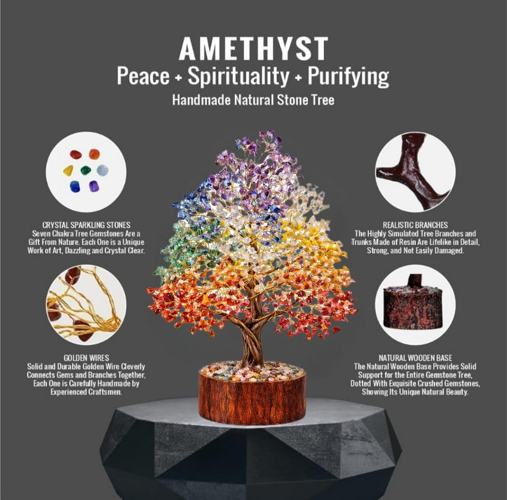 YADAVA 500 Beads Natural Seven Chakra Gemstone Money Tree for Positive Energy & Good Luck | Feng Shui Crystal Bonsai Showpiece for Living Room & Office | Healing Crystals Spiritual Home Decor Gift