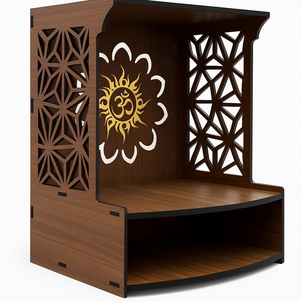 WIZZARTPRINTS Beautiful Wooden Pooja Stand for Home Mandir with LED Spot Light | Wall Mounted Temple for Home and Office | Compact Wooden Puja Mandir Desing 4