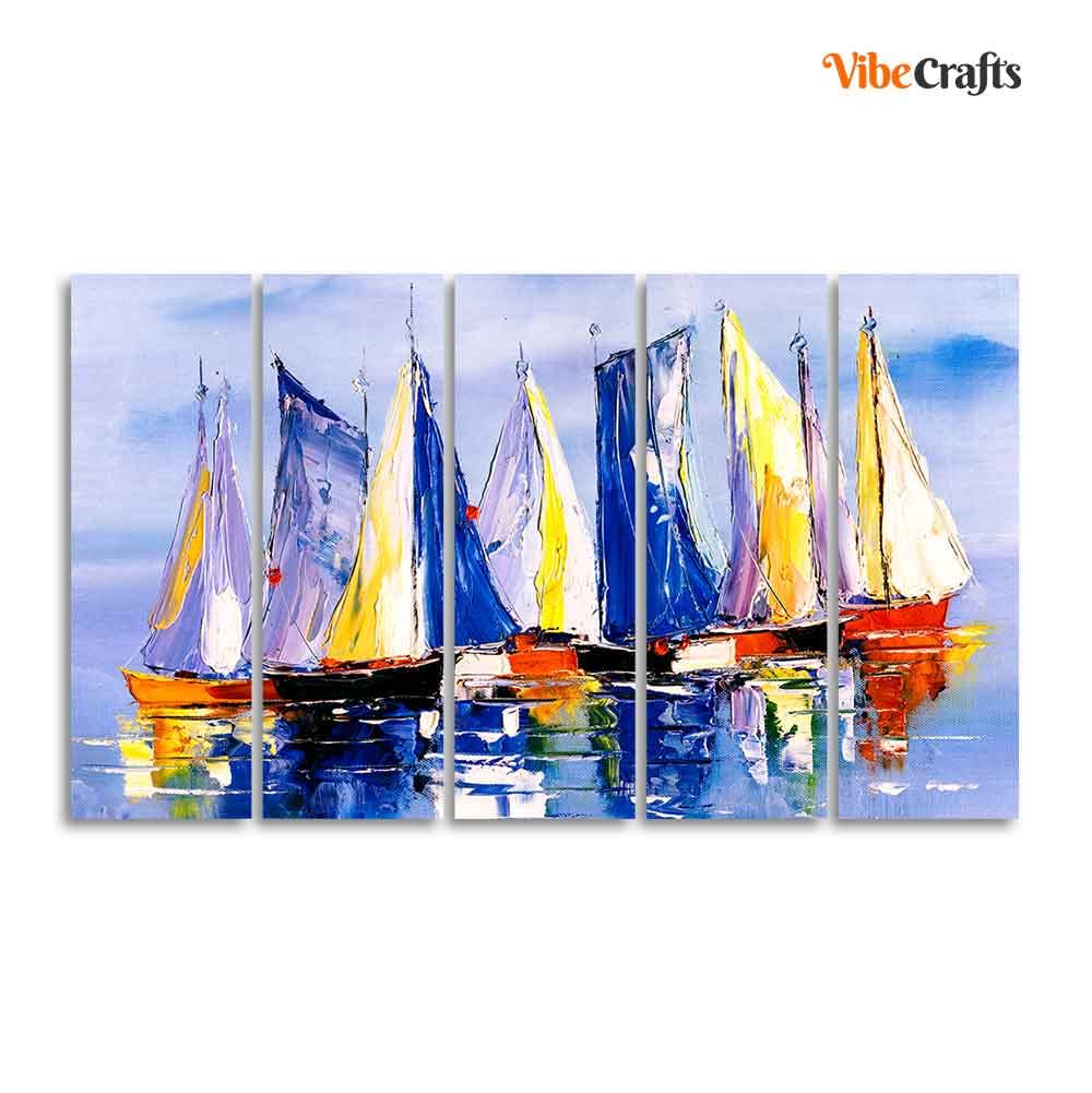 VIBECRAFTS Boats in Ocean 5 Pieces Canvas Wall Painting For Home | Office | Living Room | Gift (PTVC5Pcs4_8521)