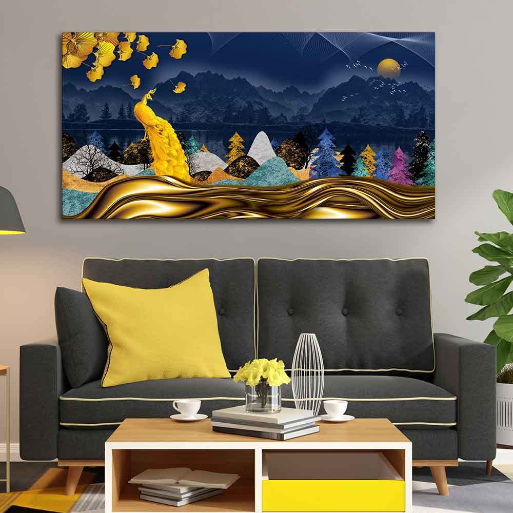 VIBECRAFTS Canvas Paintings for Living Room Drawing Room Golden Peacock In Dark Forest Canvas Wall Painting Fitted With Wooden Frame For Home | Office | Living Room | Gifts (PTVCH_2525)