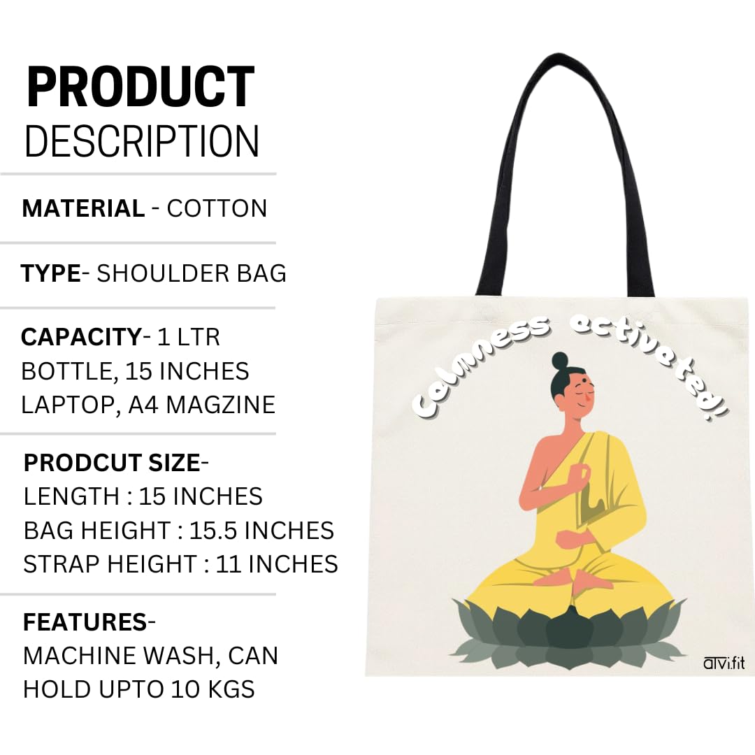 ATVI.FIT Trendy Cotton Close Zip Tote Bags for Women Designs - 15.5x15 - Perfect for College, Office, Yoga, and Everyday Use (Calmness Activated Buddha)