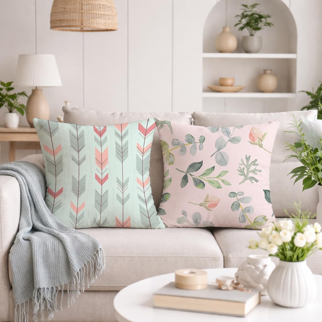 STITCHNEST Set of 2 Pastel Leaf Serenity Collection Printed Jute Cushion Covers 16x16 Inches | Decorative Throw Pillow Covers for Sofa, Living Room, Bedroom | Perfect for Home Decor