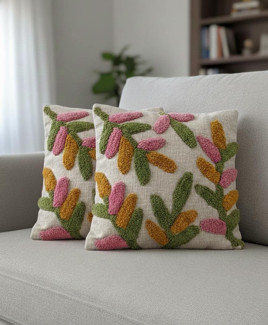 Furnistitchs Premium Decorative Throw Cushion Pillow Cover Boho Home Decor - Living Room Bedroom Couch Sofa Cushion Covers 16 inch x 16 inch (2, Green Leaves)