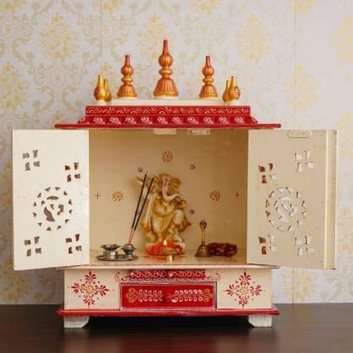 Kamdhenu Art and Craft Wooden Temple/Home Temple/Pooja Mandir/Pooja Mandap/Temple for Home (Om Door), 24 Inches, 12 Centimeters