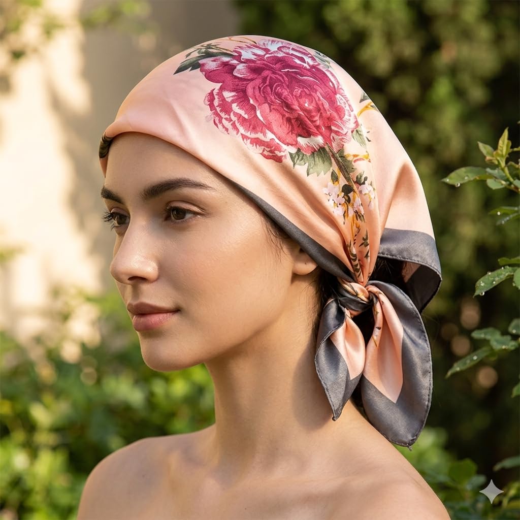 JJ's Imported Satin Silk 90x90 cm Stylish Fashion Floral Design 99 Scarf, Head & Hair Wrap (Covering) For Girls, Women and Ladies. (Peach)