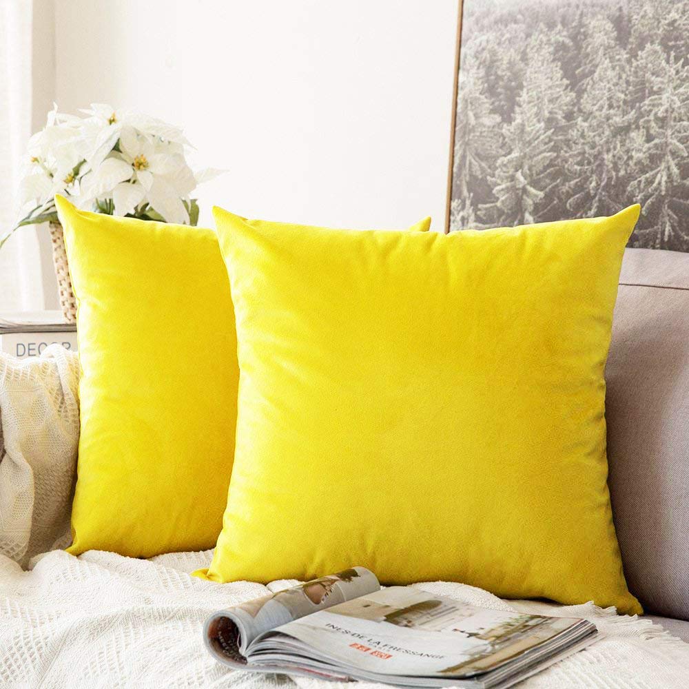 Khooti Velvet Cushion Cover, 14x14 | Lemon Yellow | Pack of 5 | Solid Plain Soft & Smooth, Decorative Cushion Covers for Living Room, Bedroom, Couches, Chairs, Sofas, Beds & Home Decor